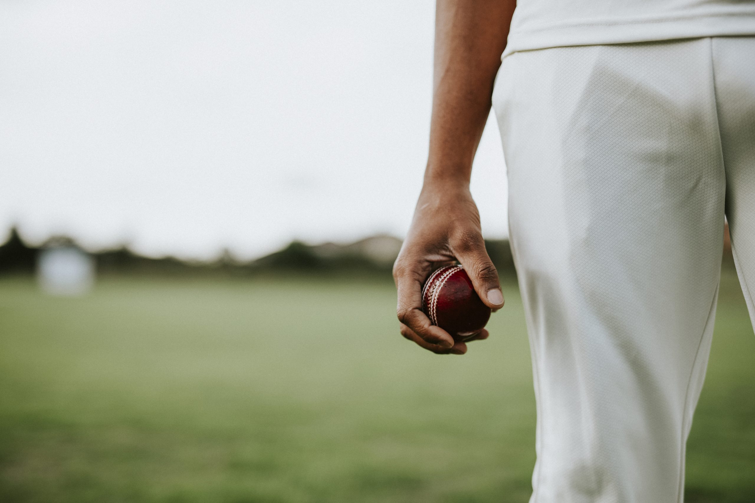 cricket player holding a leather ball